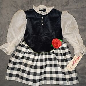 1960s/70s Sharlyn Girls Size 4 Black Velvet Gingham Dress Victorian Fashion